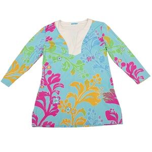 J. McLaughlin Colorful Aqua Floral Tunic Top Catalina Cloth Sz Small Beach Vibes